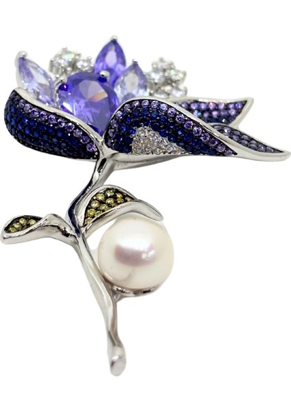 Iri Ametist Safir Zirkon Taşlı Inci Detaylı Gümüş Çiçek Broş Yaka Iğnesi 7x4.2cm modelleri