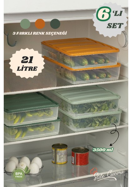 6'lı Renkli Büyük Boy Buzdolabı Dondurucu Organizer ve Saklama Kabı Seti 6x(3,5 Litre)