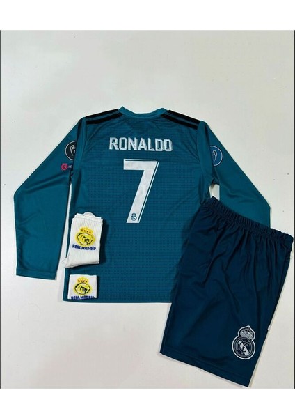 R.e.a.l M.a.d.r.i.d 2018 Cristiano Ronaldo Turkuaz Röveşata Uzun Kol Çocuk Forması 4'lü Set (Armalı)