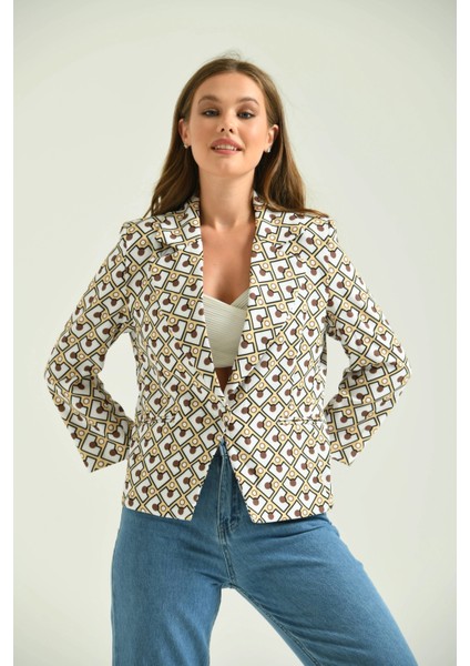 Kadın Blazer Desenli Bel Boy Blazer Ceket Sarı - T027 modelleri