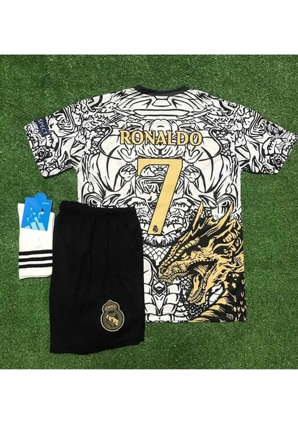 R.madridd 2023-24 Sezon Dragon Desenli Cristiano Ronaldo Çocuk Forması 3'lü Set (Black-White)