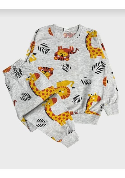 Pamuklu Gri Aslan Zürafa Desenli Uzun Kollu Mevsimlik Pijama Takımı