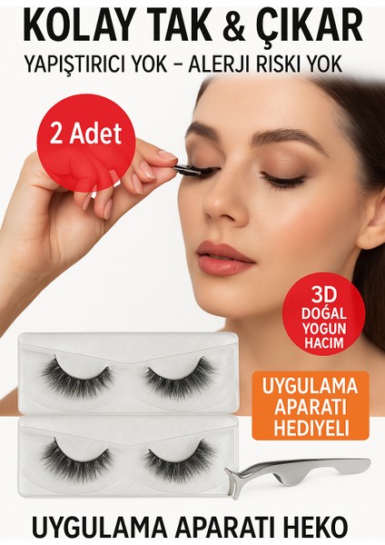 2’li Manyetik Takma Kirpik Seti 3D Doğal Yoğun Hacim – Uygulama Aparatı Hediyeli, Kolay Takılan ve Yeniden Kullanılabilir