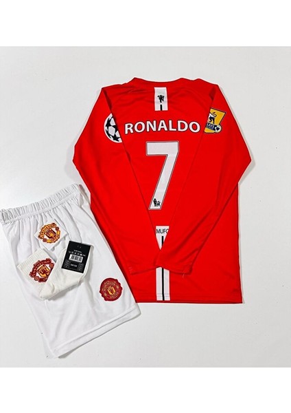 M.unitedd Moskova 2008 Sezonu Cristiano Ronaldo Uzun Kol Çocuk Forması 4'lü Set (Armalı) modelleri