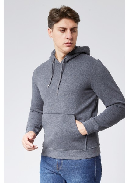 Mooncover Erkek Kapşonlu Kanguru Cepli 3 Iplik Şardonlu Sweatshirt