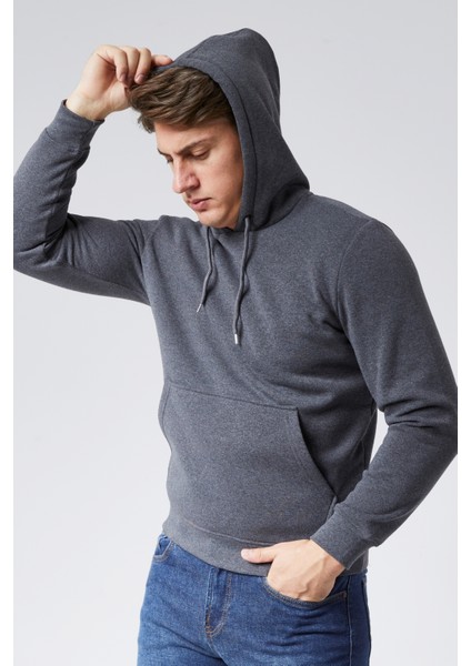 Mooncover Erkek Kapşonlu Kanguru Cepli 3 Iplik Şardonlu Sweatshirt