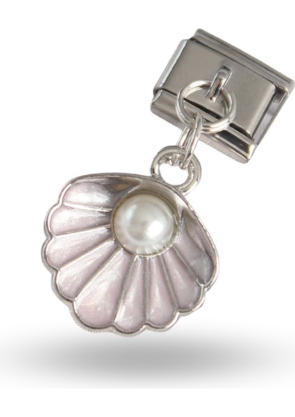 Zarif Kadın Için Silver Çelik Incili Pembe Deniz Kabuğu Inci Charm Bileklik Detayı