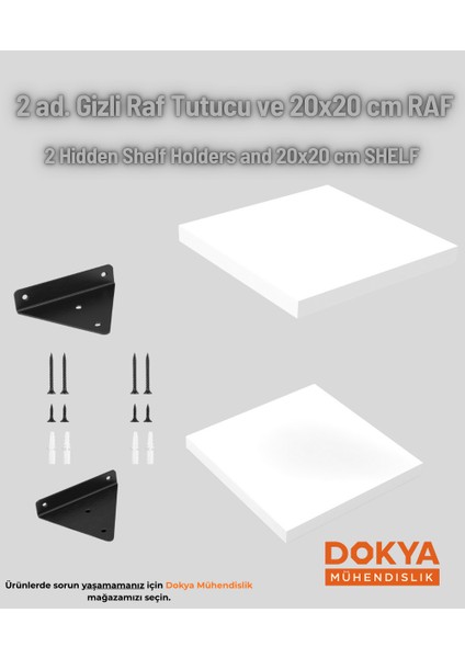 2'li Siyah Gizli Duvar Rafı Askı Aparatı ve 20X20 cm Beyaz Mdf