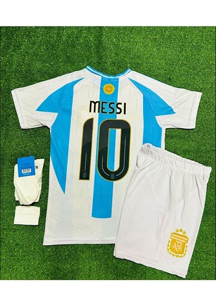 Arjantin 2024/25 Sezon Lionel Messi Çocuk Forması Şort Çorap Bileklik 4'lü Seti