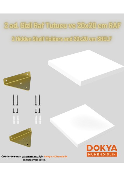 2'li Gold Gizli Duvar Rafı Askı Aparatı ve 2 Ad 20X20 cm Beyaz Mdf