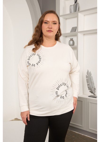 Büyük Beden Taş Baskılı Yazılı Sweatshirt
