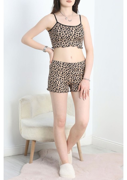 Kadın Leopar Desenli Kısa Askılı Şort Milan Kumaş Pijama Takımı fiyatları