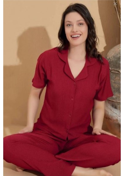 Kadın Bordo Gömlek Yaka Kısa Kol Bürümcük Pijama Takımı