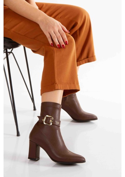 Altın Metal Tokalı Streç Topuklu Kadın Bot