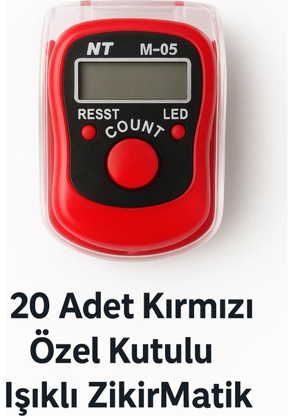 20 Adet Kırmızı Renk Özel Kutulu Dijital Işıklı Zikirmatik Sayaç | Parmak Yüzük Tesbihmatik