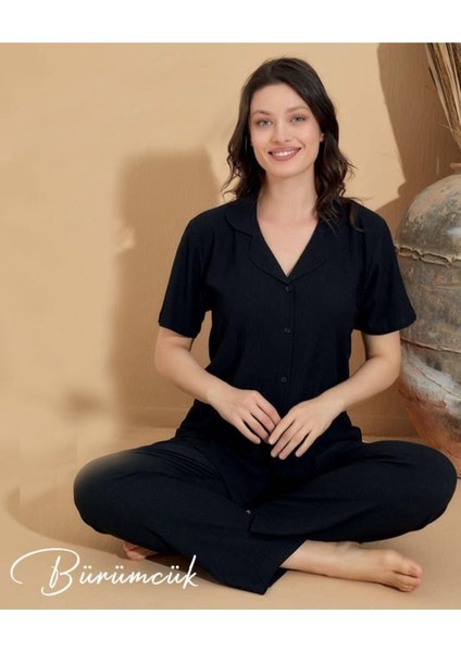 Kadın Siyah Gömlek Yaka Kısa Kol Bürümcük Pijama Takımı