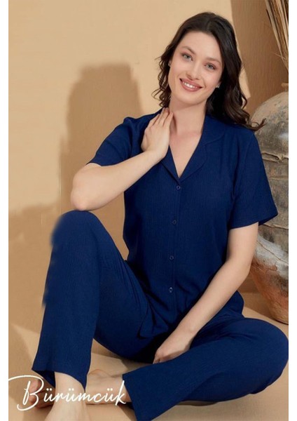 Kadın Lacivert Gömlek Yaka Kısa Kol Bürümcük Pijama Takımı