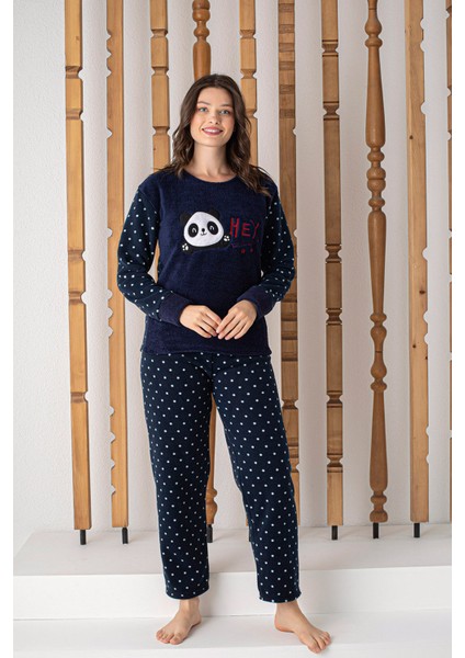 Kadın Lacivert Desenli Polar Peluş Pijama Takımı Luki