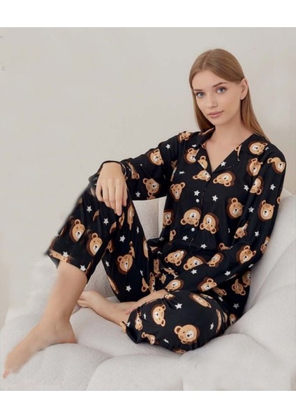 Desenli Gömlek Yaka Süet Pamuklu Uzun Kol Pijama Takımı