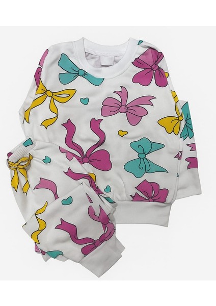 Kız Çocuk Kurdale Desenli Uzun Kollu Pembe Fiyonklu Mevsimlik Pijama Takımı