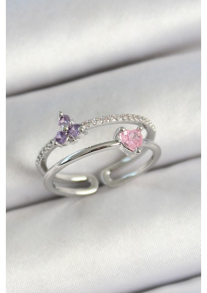 Pirinç Kalp ve Çiçek Figürlü Zirkon Taşlı Gümüş Renk Ayarlanabilir Kadın Yüzük