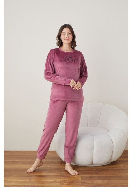kadın Pembe Uzun Kollu Sıfır Yakalı Düz Renk Kadife Baskılı Pijama Takımı