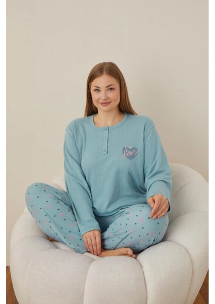 Kadın Mavii Düğmeli Sıfır Yaka Düz Pamuklu Interlok Kumaş Uzun Kol Kadın Pijama Takımı