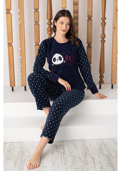 Kadın Lacivert Desenli Polar Peluş Pijama Takımı Luki modelleri