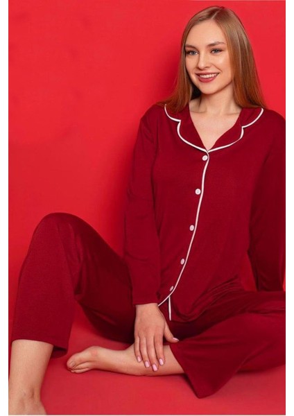 Kadın Bordo Gömlek Yaka Uzun Kollu Pijama Takımı