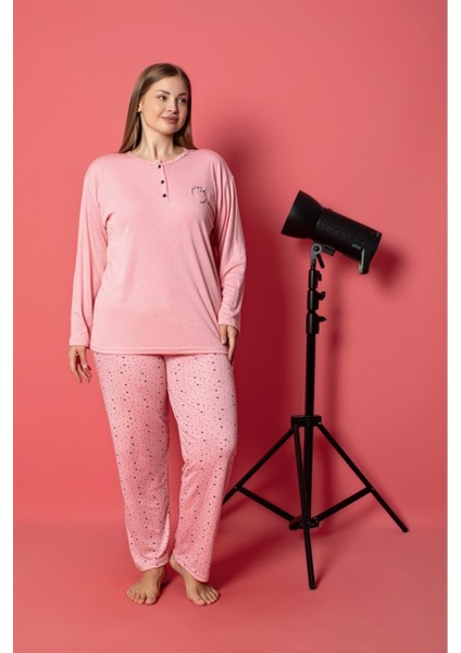 Kadın Şeker Pembe Düğmeli Sıfır Yaka Düz Pamuklu Bambu Kumaş Uzun Kol Pijama Takımı