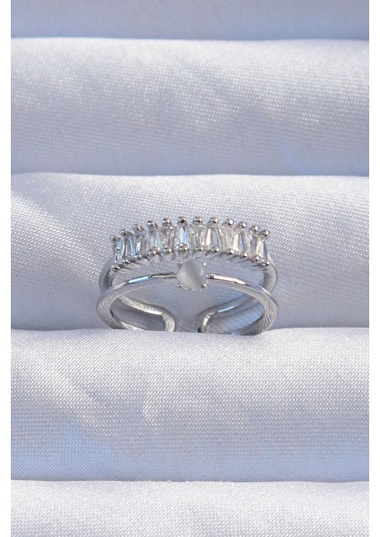 Pirinç Gümüş Renk Sedefli Zirkon Taşlı Su Yolu Model 2li Görünüm Ayarlanabilir Yüzük