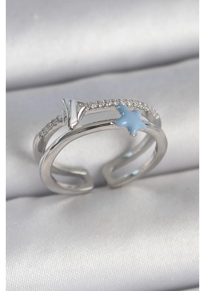 Pirinç Gümüş Renk 2 Li Zirkon Taşlı Mavi Yıldız Figür Ayarlanabilir Kadın Yüzük