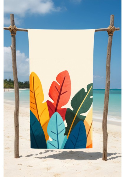 Yapraklar Baskılı Pamuk Plaj Havlusu – Desenli Tasarım – 75X150 cm
