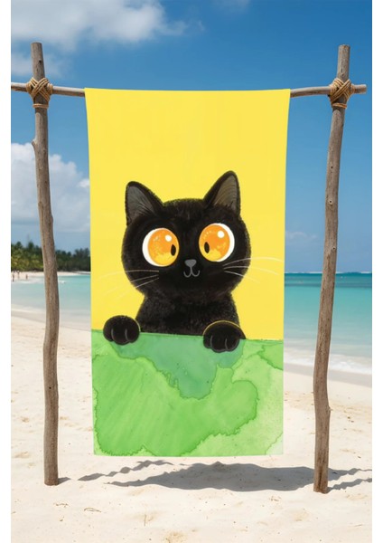 Şaşkın Kedi Baskılı Pamuk Plaj Havlusu – Desenli Tasarım – 75X150 cm fiyatları