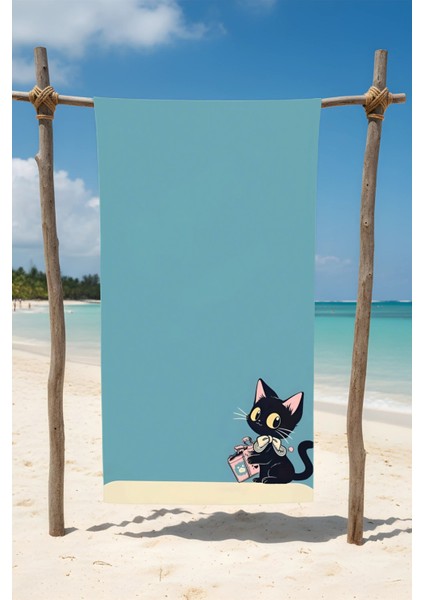 Papyonlu Kedi Desenli Pamuk Plaj Havlusu – Desenli Tasarım – 75X150 cm