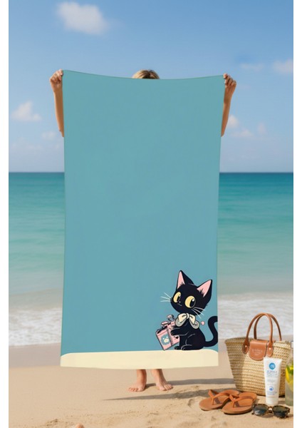 Papyonlu Kedi Desenli Pamuk Plaj Havlusu – Desenli Tasarım – 75X150 cm fiyatları