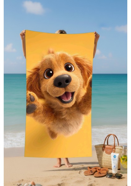 Sevimli Köpek Baskılı Pamuk Plaj Havlusu – Desenli Tasarım – 75X150 cm