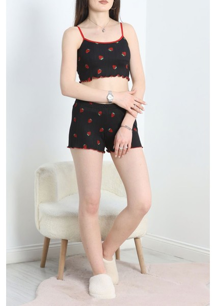 Kadın Siyah Desenli Kısa Askılı Şort Milan Kumaş Pijama Takımı fiyatları