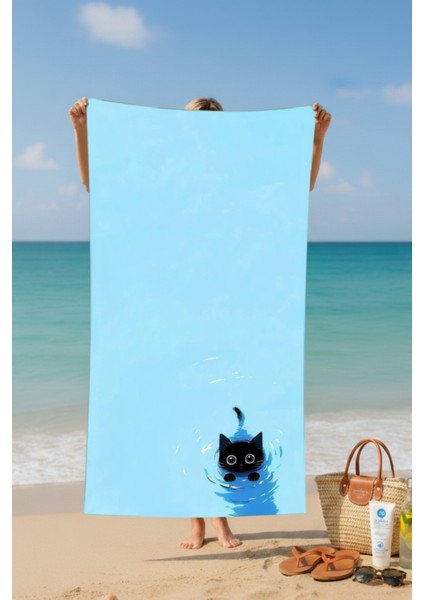 Yüzen Kedi Desenli Pamuk Plaj Havlusu – Desenli Tasarım – 75X150 cm fiyatları