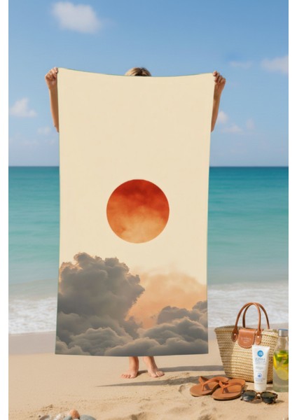 Güneş ve Bulutlar Baskılı Pamuk Plaj Havlusu – Desenli Tasarım – 75X150 cm