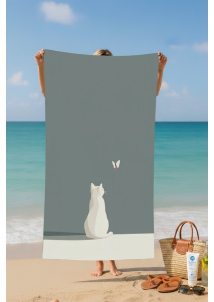 Kelebek Izleyen Kedi Desenli Pamuk Plaj Havlusu – Desenli Tasarım – 75X150 cm fiyatları