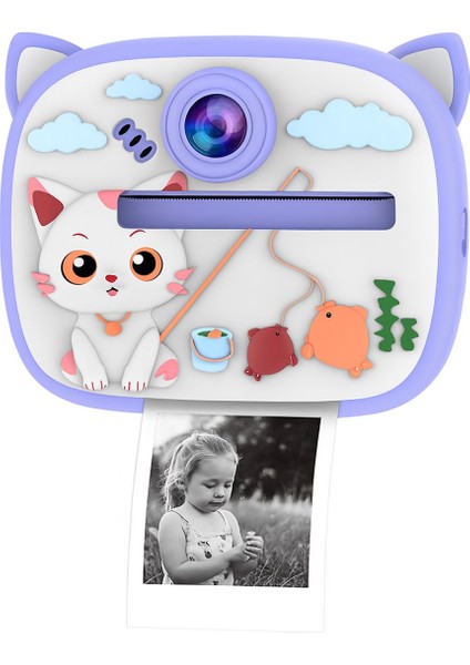 Kedi Temalı Anında Baskılı Çocuk Kamerası Print Kamera | Çift Kamera, 2,0″ Ekran, Silikon Kılıf