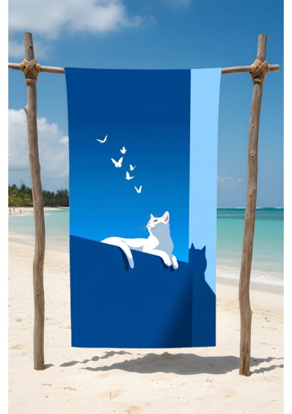 Kuş Izleyen Kedi Desenli Pamuk Plaj Havlusu – Desenli Tasarım – 75X150 cm