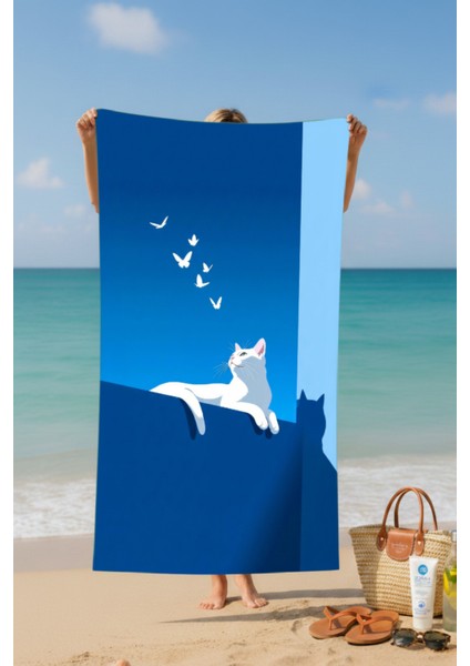 Kuş Izleyen Kedi Desenli Pamuk Plaj Havlusu – Desenli Tasarım – 75X150 cm fiyatları