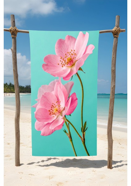 Pembe Çiçek Desenli Pamuk Plaj Havlusu – Desenli Tasarım – 75X150 cm