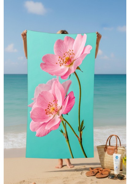 Pembe Çiçek Desenli Pamuk Plaj Havlusu – Desenli Tasarım – 75X150 cm fiyatları