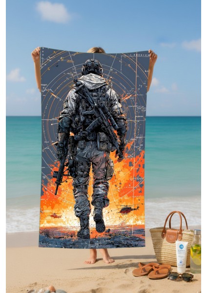 Askeri Temalı Baskılı Pamuk Plaj Havlusu – Desenli Tasarım – 75X150 cm