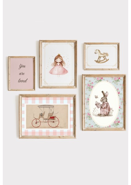 Vintage Peri Kızı Temalı Çocuk Odası Çerçeveli Poster Seti