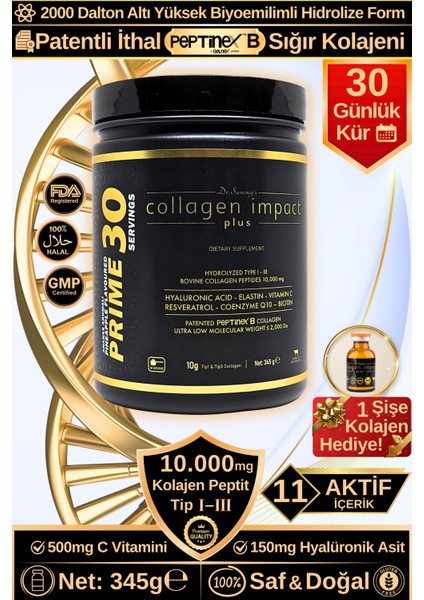 Kolajen 10.000 Mg Tip 1-3 %100 Saf Patentli Hidrolize Sığır Kolajeni, 150MG Hyaluronik Asit, 500 Mg Vitamin C, 200 Mg Glutatyon, 25MG Resveratrol, 100 Mg Elastin, Prime 30 Diyet Takviyesi
