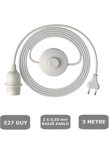 E27 Duylu 3 Metre Yerpuarlı (AÇ KAPAT ANAHTAR) Fişli Seyyar (2X0,50) (BEYAZ)